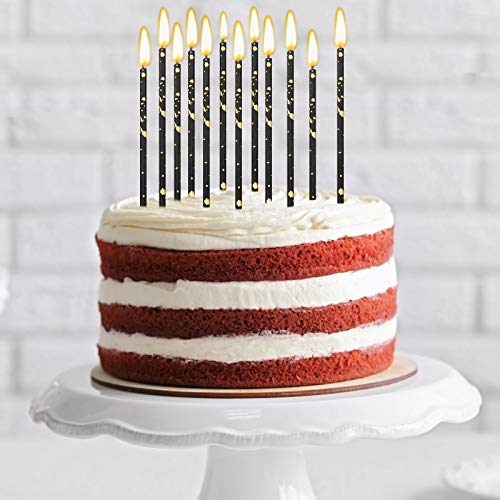 Threlaco 24 Pieces Birthday Candles Long Thin Cake Candle Cupcake Candles for Birthday Wedding Anniversary Graduation Retirement Party Decoration (Black Gold)