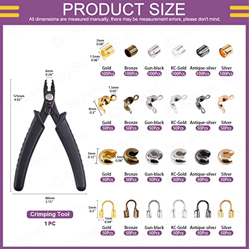 Swpeet 1501Pcs 6 Colors 4 Styles Brass Tube Crimp Beads with Bead Crimping Pliers Kit, Including Brass Tube Crimp Beads & Crimp Beads Knot Covers & Wire Guardians & Iron Bead Tips Knot Covers