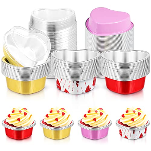 Heart Shaped Cake Pans with Lids, 3.4 Ounces/ 100 ml, Aluminum Foil Mini Disposable Heart Cupcake Pans for Valentine's Day Wedding Parties (Gold, Red, Pink, White,60 Sets)