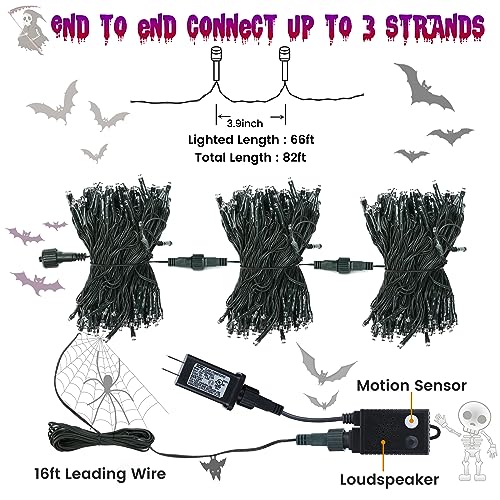Toodour Halloween Lights Outdoor, 82FT 200 LED Halloween String Lights with Spooky Music Waterproof, Plug in Motion Sensor Orange & Purple String Light for Yard Bedroom Home Party Tree Halloween Decor