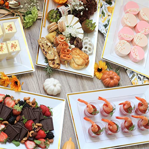 Mint Living - Elegant Plastic Serving Tray & Platter Set (6pk) - White & Gold Rim Disposable Serving Trays & Platters for Food - Weddings, Upscale Parties, Dessert Table, Cupcakes - 8 x 12.85 inches