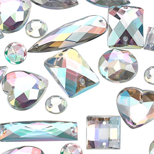 Chuangdi 500 Pieces Sewing Gems Acrylic Sewing Crystal Mixed Shapes Sew On Rhinestones with 2 Holes for Clothes Sewing Beads Decorations (Crystal AB)