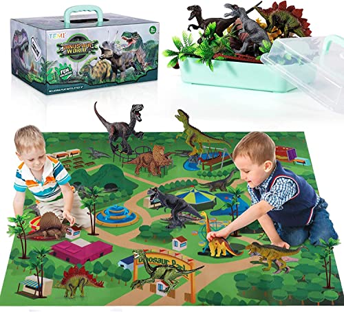 TEMI Dinosaur Toys for Kids 3-5 with Play Mat & Trees, Realistic Jurassic Dinosaur Figures to Create a Dino World Includes T-rex, Triceratops, Velociraptor, Gift for Toddlers Boys & Girls 2 3 4 5 6 7