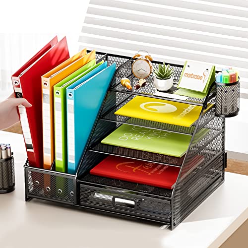 Marbrasse Desk Organizer with File Holder, 5-Tier Paper Letter Tray Organizer with Drawer and 2 Pen Holder, Mesh Desk Organizers and Accessories, Desktop Organizer and Storage for Office Supplies