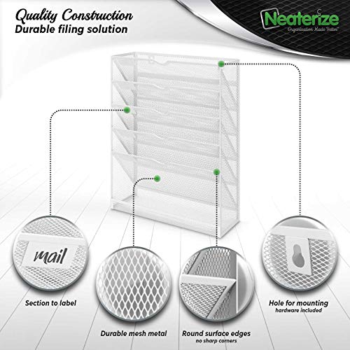 NEATERIZE Item Container, Mail Organizer for Wall, Mesh Hanging File Organizer, For Papers, Folders, Files Clipboard & Magazine Organization - Home, Office Classroom Or Doctor, Metal, White