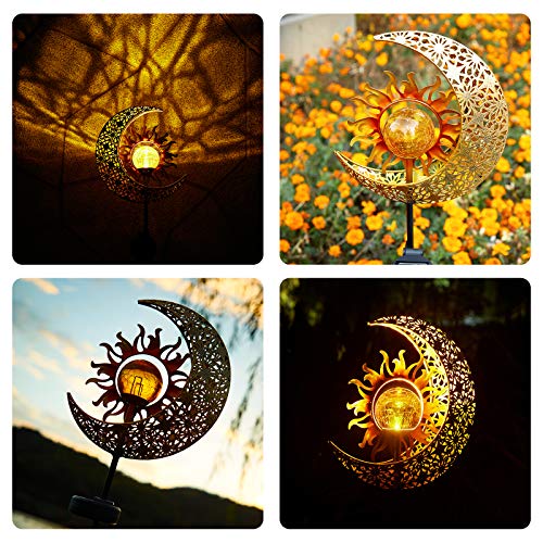 LICKLIP Garden Solar Lights Outdoor Decorative, Sun & Moon Crackle Glass Globe Metal Stake Light, Waterproof Warm White LED Light, Decorations for Pathway Lawn Patio Courtyard Backyard (1 Pack)
