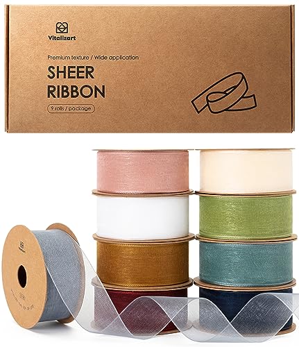 Vitalizart 1" x 90Yd Organza Ribbon Mixed Color Sheer Ribbons Set 10 Yd x 9 Rolls Handmade Eco-Friendly for Gift Wrapping Christmas Tree Crafts Bows Wedding Invitations Wreaths Wrap