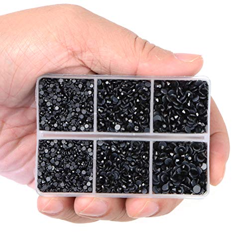 LPBeads 6400 Pieces Hotfix Rhinestones Black Flat Back 5 Mixed Sizes Crystal Round Glass Gems with Tweezers and Picking Rhinestones Pen