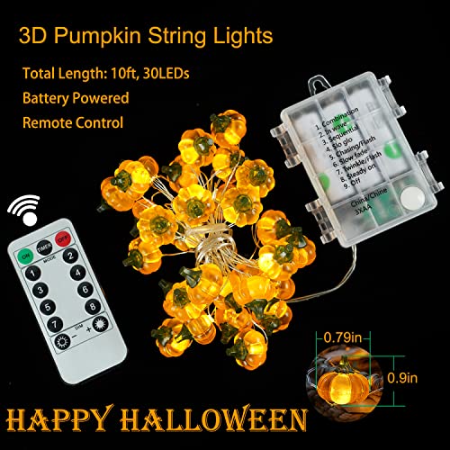 BOHON Halloween Lights 3D Jack-o-Lantern 10ft 30 LEDs Pumpkin String Lights Battery Powered Orange Lights for Halloween Party Indoor Fall Outdoor Harvest Thanksgiving Decorations