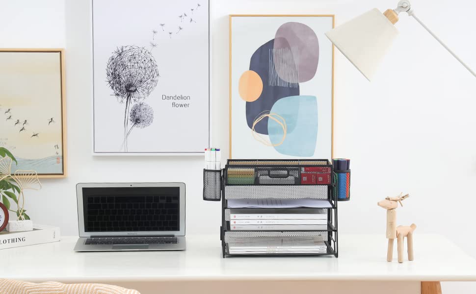 Marbrasse Mesh Desk Organiser Tray, 4 Tier Paper Letter Tray Organiser with Drawer and Pen Holder, Mesh Desktop Organizer Storage for Office Supplies (Black)