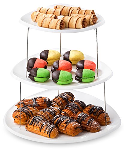 Masirs Collapsible Party Tray, 3 Tier, The Decorative Plastic Appetizer Trays Twist Down & Fold Inside, Minimal Storage Space, An Elegant Tray for Serving Sandwiches, Cake, Sliced Cheese and Deli Meat
