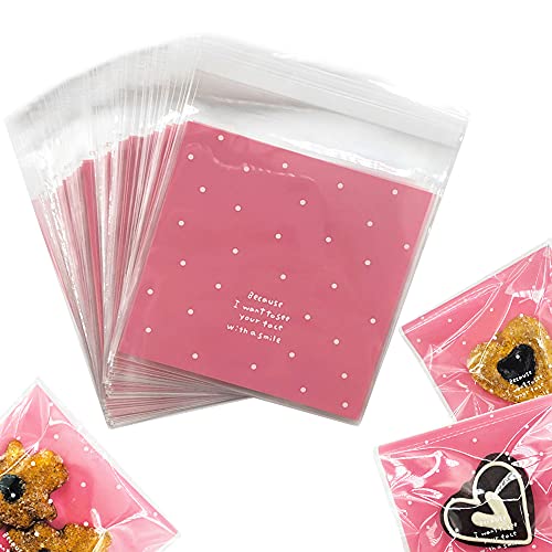 Artboil 100pcs Lovely Small Self Adhesive Treat Bag Cellophane Bag Cookie Bag, Homemade, Party, Wedding Favor Bag, for Bakery, Biscuit, Candy - Pink (3.94" x 3.94")