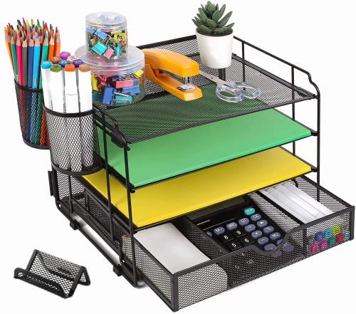 DALTACK 4-Trays Desktop File Organizer with Pen Holder, Letter Tray Paper Organizer with Drawer and Pen Holders, Black Mesh Office Supplies File Holder, Desk Organizer for Office School Home