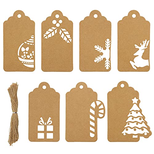 Koogel Christmas Hollow-Out Gift Tags,140 pcs Kraft Paper Tags,Kraft Paper Christmas Gift Tags with 7 Different Designs Christmas Tags for Christmas DIY Craft Presents Party Hanging Decorations