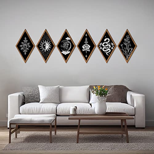 Sintuff 6 Pieces Boho Wall Decor Sun Moon Phases Wall Art Gothic Minimalist Stars Sun Wall Hanging Boho Wooden Home Decor Farmhouse Wall Pediments for Gallery Living Bedroom Room (Rhombus)
