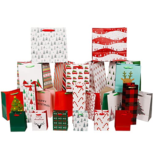 Lulu Home Christmas Wrapping Bags, 24 Packs Assorted Size Art Paper Gift Bags Set with Handles, Xmas Large Medium Small Bottle Bags for Holiday Birthday Present Packaging
