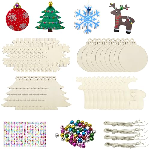 Hidreas 40 Pcs Wooden Ornaments Unfinished Christmas DIY Ornaments Craft Kit, Christmas Wood Ornaments with Bells, Wax Rope and Rhinestone Stickers for Children Arts and Crafts Supplies
