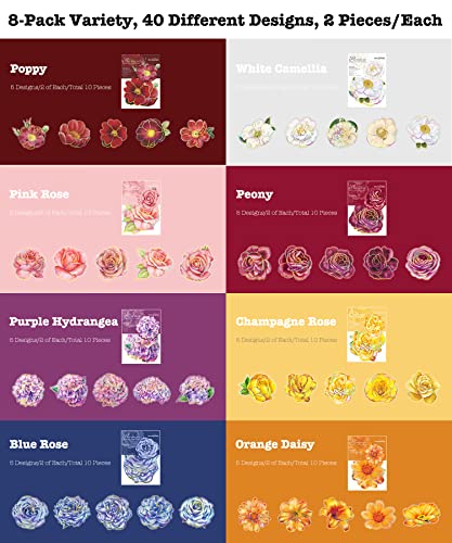 Knaid 80 Pieces Large Size Flower Stickers with Gold Holographic Outlines, Glitter Shiny Floral Waterproof Decorative Decals for Scrapbooking Supplies Junk Journal Bullet Journals Planners