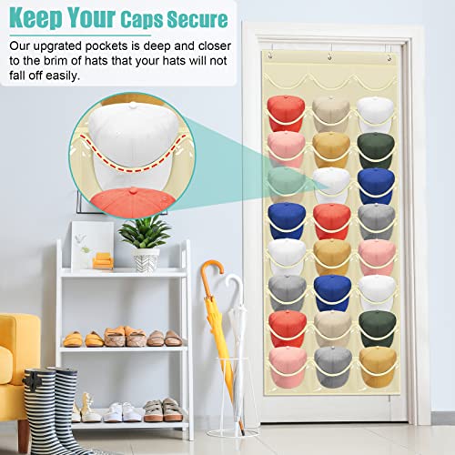 Hat Rack 27 Pockets - Hat Organizer For Baseball Cap - Hat Racks For Baseball Caps Hat Holder Hanging Over The Door Closet, Hat Storage With Large Clear Pockets & 3 Hooks For Baseball Cap& Cowboy Hat