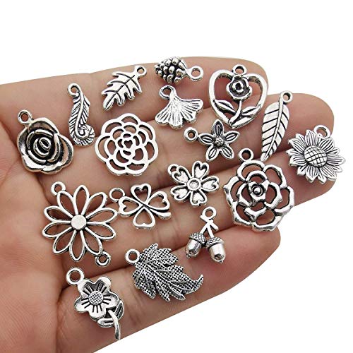 Youdiyla 100pcs Mix Silver Tree Flower Charms Collection, Bulk Mini Small Little Charms Metal Pendant Craft Supplies Findings for Necklace and Bracelet Jewelry Making (HM291)