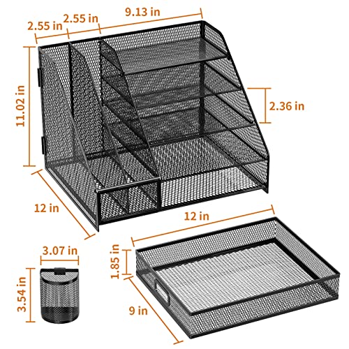 Marbrasse Desk Organizer with File Holder, 5-Tier Paper Letter Tray Organizer with Drawer and 2 Pen Holder, Mesh Desk Organizers and Accessories, Desktop Organizer and Storage for Office Supplies