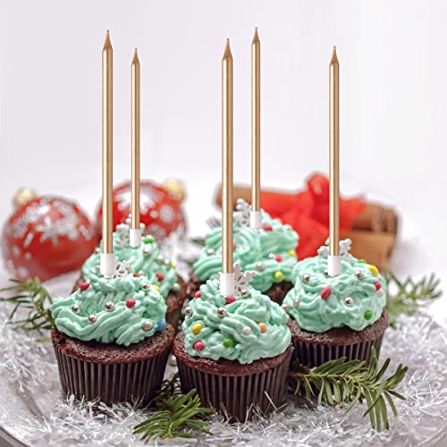 24 Count Party Long Thin Cake Candles Metallic Birthday Candles in Holders for Birthday Cakes Cupcake, Champagne Gold