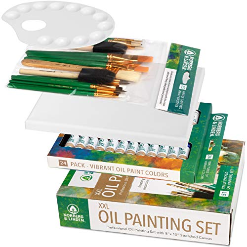 Norberg & Linden XXL Oil Paint Set - 24 Paints, 25 Brushes, 1 Canvas, and Art Palette - Oil Painting Supplies for Kids and Adults, Paint Supplies
