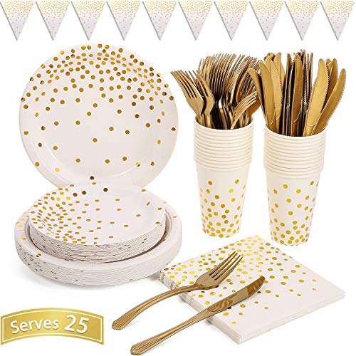 DUOCUTE White and Gold Party Supplies 150PCS Golden Dot Disposable Party Dinnerware Includes Paper Plates, Napkins, Knives, Forks, 12oz Cups, Banner, for Bridal Shower, Engagement, Wedding, Serves 25