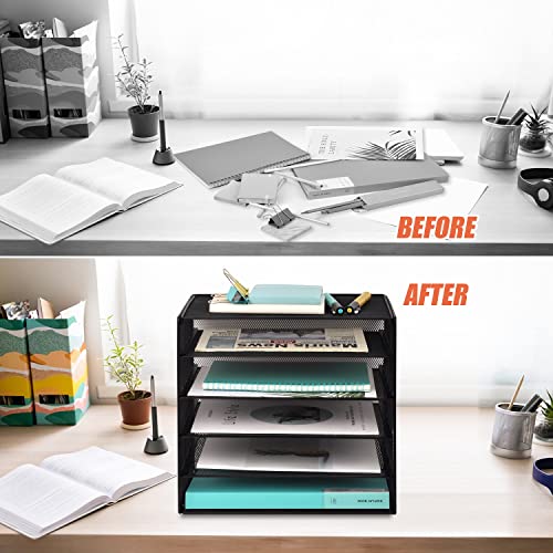 EASEPRES 5 Slot Desk Organizer Tray, Mesh File Paper Letter Tray Desktop Paper Sorter Literature Organizer Rack for Home, Office, or School, Black