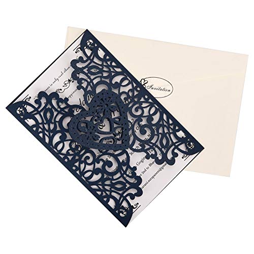 FOMTOR Laser Cut Wedding Invitations Kit 50 Packs Laser Cut Wedding Invitations with Blank Printable Paper and Envelopes for Wedding,Birthday Parties,Baby Shower (Navy Blue)