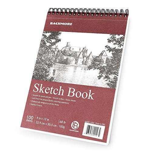 Bachmore Sketchpad 9X12" Inch (68lb/100g), 100 Sheets of TOP Spiral Bound Sketch Book for Artist Pro & Amateurs | Marker Art, Colored Pencil, Charcoal for Sketching