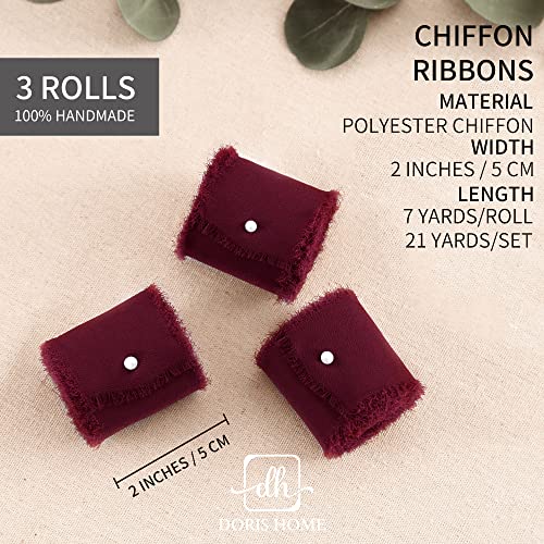DORIS HOME 3 Rolls 2"x7Yd Fringe Chiffon Ribbon for Flower Bouquet, Handmade Burgundy Ribbon for Gift Wrapping, Frayed Edge Ribbon for Crafts, Decorating, Bouquet Wrap, Wedding Invitation