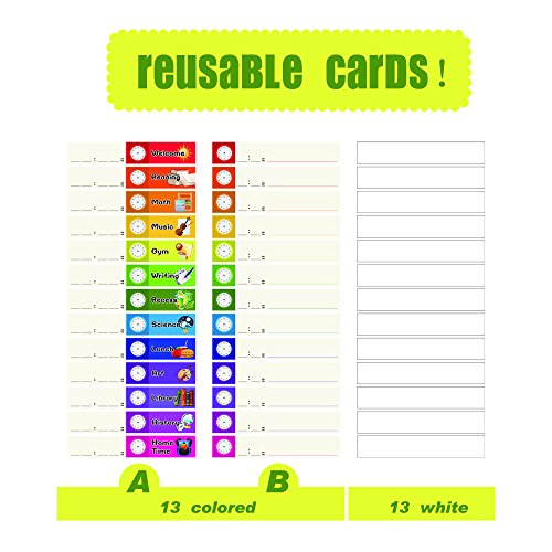 Daily Schedule Pocket Chart， Black Class Schedule with 26 Cards, 13+1 Pockets. 13 Colored + 13 Blank Double-Sided Reusable Cards, Easy Over-Door Mountings Included. (13” x 36”)