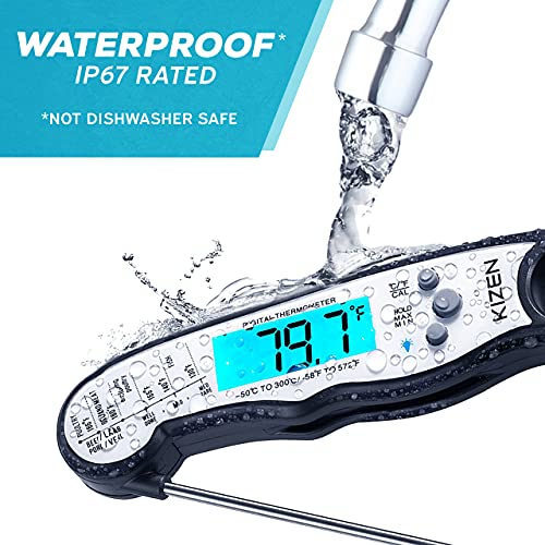 KIZEN Digital Meat Thermometer with Probe - Instant Read Food Thermometer for Cooking, Grilling, BBQ, Baking, Liquids, Candy, Deep Frying, and More - Black/White