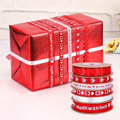 Zhanmai 6 Pieces Valentine's Day Ribbons Printed Heart Wired Ribbons Craft Satin Ribbons for Gift Wrapping DIY Supplies
