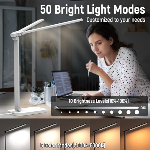 Bright LED Desk Lamp for Home Office - Dual Swing Arm Eye-Caring Architect Task Lamp, Adjustable Foldable Table Lamp, Dimmable Touch Control Desktop Lamp 5 Lighting Modes for Work/Study
