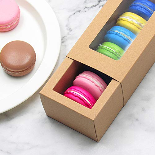 FIREBOOMOON 15 Pack Brown Kraft Macaron Boxes with Clear Display Window,Small Macaron Container Bakery Packaging Box for Truffles Desserts Mini Cupcake Muffins Cookies(6-7 Cavities,8" x 2.8" x 2")