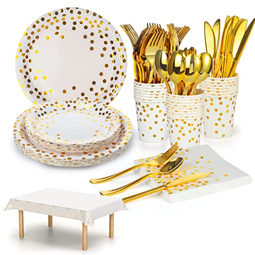 Dn Dennov 168PCS Pink and Gold-Pastel Party Supplies, Severs 24 Disposable Party Dinnerware Include Paper Party Plates, Cups, Napkins, Straw, Wooden Fork Spoon for Wedding,Christmas (White and Gold)