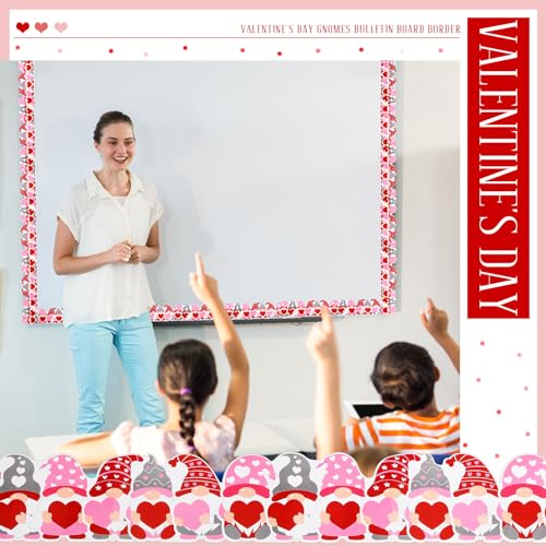 Spiareal 68.9 Feet Valentine's Day Gnomes Bulletin Board Border Decorations Red Pink Heart Love Gnomes Elf Rolled Border Trim for Valentine Day Party Classroom Bulletin Boards Chalkboard Wall Decor