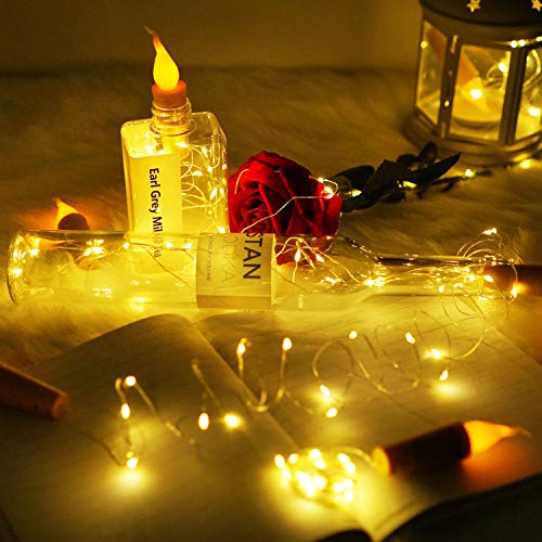 Decorman Wine Bottle Lights with Candle Flame, 10 Pack 20 LED Flameless Cork String Light Battery Operated Copper Wire Mini Fairy Starry Lights for Party Wedding Christmas Halloween