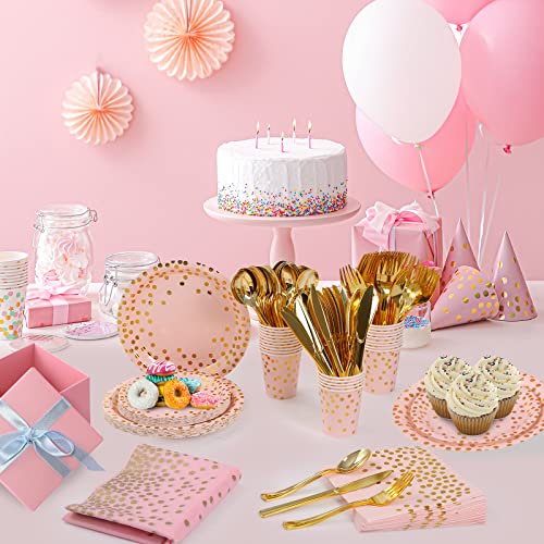 Dn Dennov 168PCS Pink and Gold-Pastel Party Supplies, Severs 24 Disposable Party Dinnerware Include Paper Party Plates, Cups, Napkins, Straw, Wooden Fork Spoon for Wedding,Christmas (Pink and Gold)