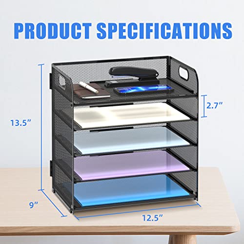 Supeasy 5 Trays Paper Organizer with Handle - Mesh Desk File/Letter Organizer,Black Paper Sorter for Office, Home or School