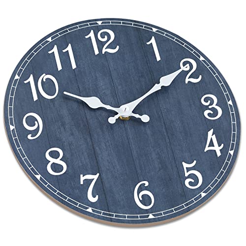 HYLANDA Wall Clock, 10 Inch Wall Clocks Battery Operated Silent Non Ticking, Round Wooden Rustic Clocks Decor for Kitchen, Bathroom, Living Room, Home, Bedrooms, Office (Navy Blue)