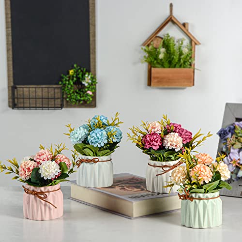 XONOR Artificial Flower Plants – Mini Fake Hydrangea Flowers in Pot for Home Decor Party Wedding Office Patio Table Desk Decoration, Set of 4, 3.3''(D) x 5.5''(H)