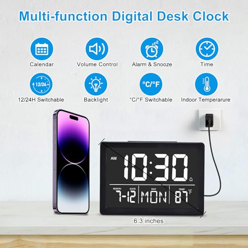Amgico Digital Alarm Clock with Snooze, Small Clock/Table Clock, 6.3" LED Digital Calendar, 12/24H, Adjustable Brightness/Volume, Desk Clock for Bedroom, Living Room, Office - Black