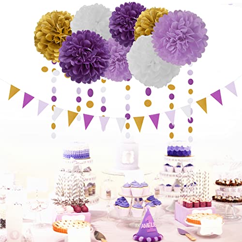 Purple Gold Valentines-Day Graduation Decorations - 30pcs Kits Lavender White Paper Flowers,Banner Flags,Tassel Streamer Garland Engagement Girl Baby Bridal Shower Party Decoration Lasting Surprise