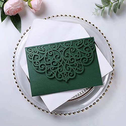 PONATIA 5.12 x 7.2 Emerald Green Invitation Cards, Trifold laser cut invitations Wedding Invitation Cards Pockets with Envelopes for Wedding Bridal Shower Engagement Birthday Sweet 16 (20PCS No Inner Sheet)