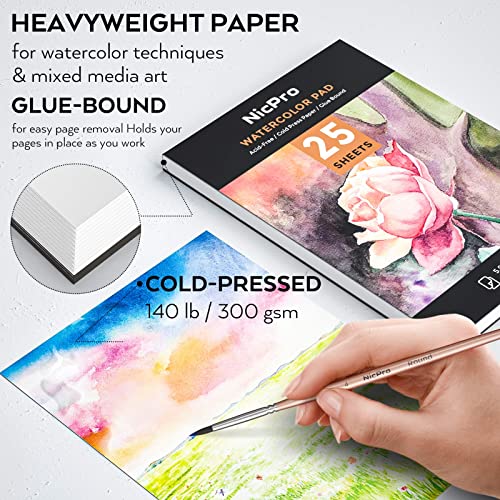 Nicpro Watercolor Paint Set, 48 Water Colors Kit with 8 Squirrel Brushes, Palette, Watercolor Pen, 25 Art Pad Paper, 2 Art Sponges, Non-toxic Painting Supplies for Kids, Adults, Beginners, Artists