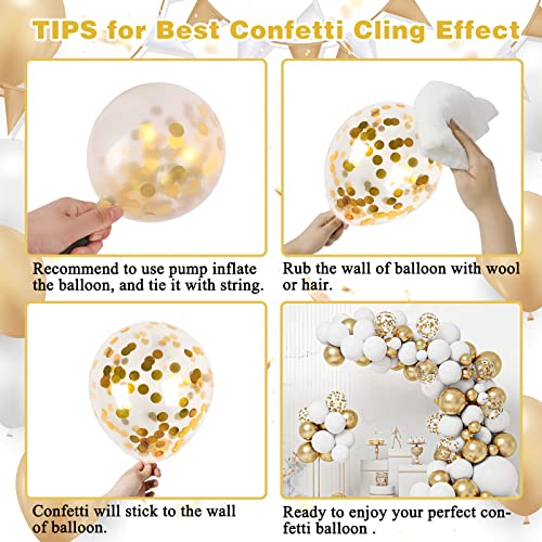 RUBFAC White Gold Balloons Garland Arch Kit with Gold Confetti Balloons for Baptism Wedding Birthday Party Decoration