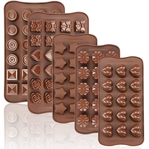 JOERSH Silicone Chocolate Molds for Fat Bombs Snacks & Truffles, 5PCS 93-Cavity Caramel Hard Candy Mold (Square, Round, Heart, Star, Flower Shapes)